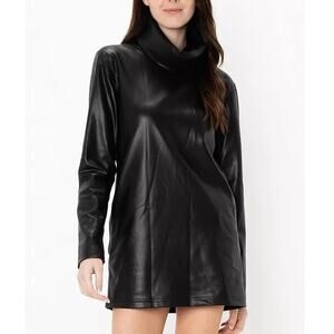 Zara Black Faux Leather Long Sleeve Turtleneck Shift Mini Dress Womens Size L